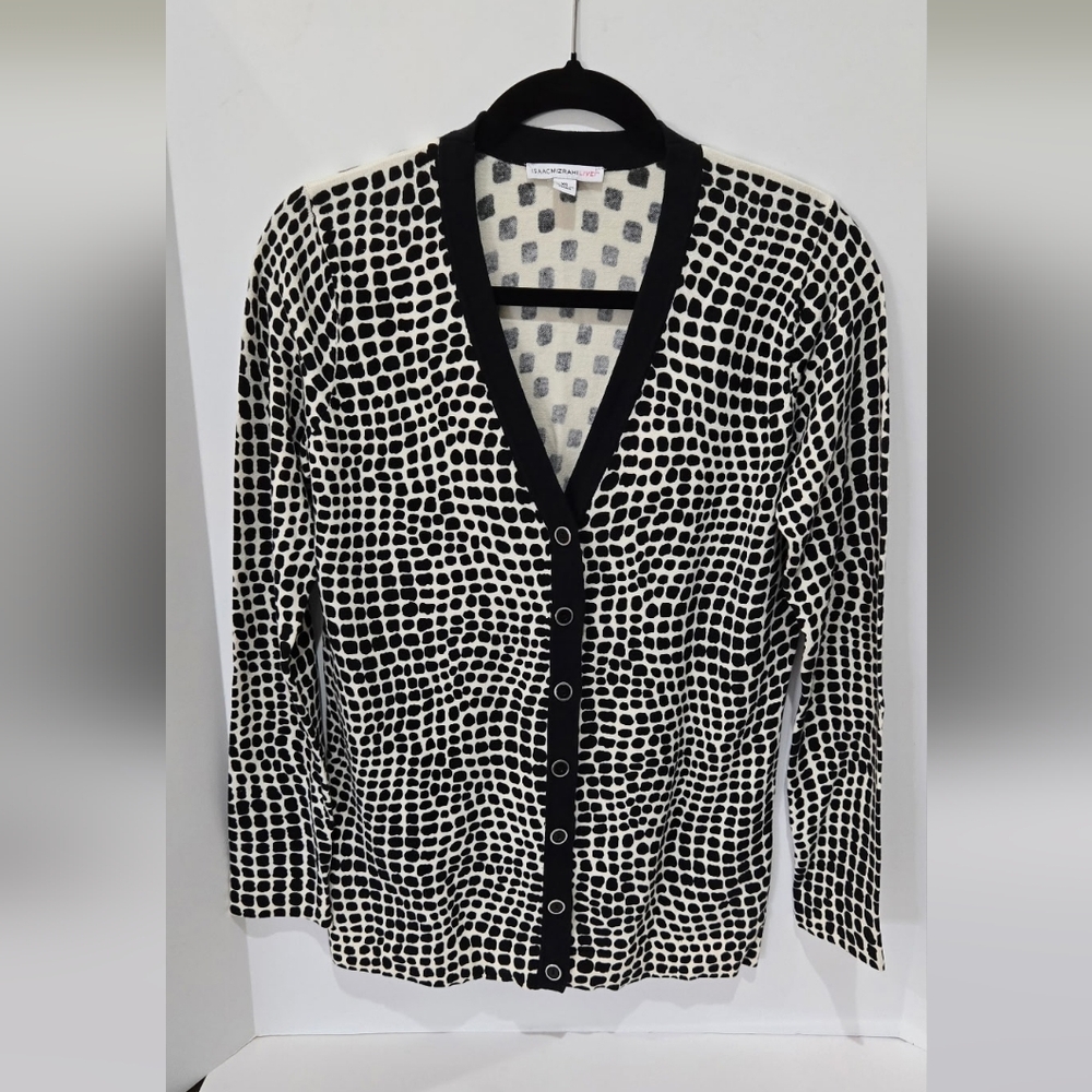 Isaac Mizrahi Live! Mosaic Geometric Black & White Print Cardigan - XS